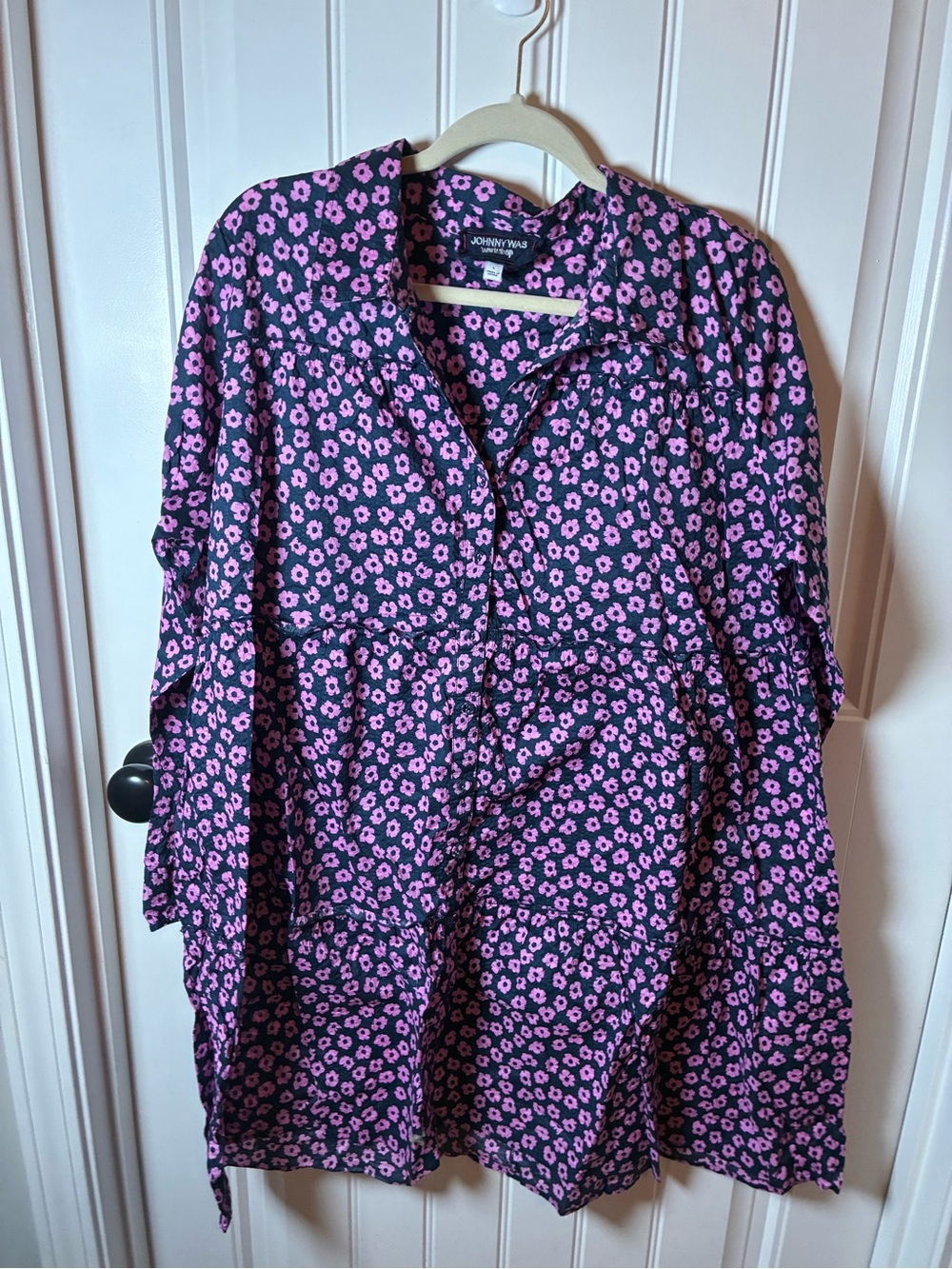 Johnny Was Shirt Dress Navy Blue with Pink Floral Print